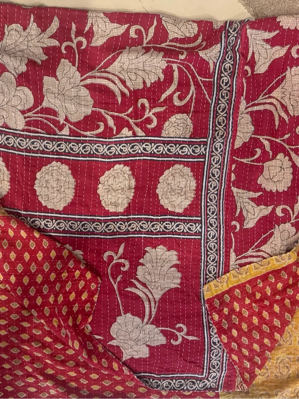 KAnTHA Red and Yellow Floral Kantha Throw Blanket Vintage